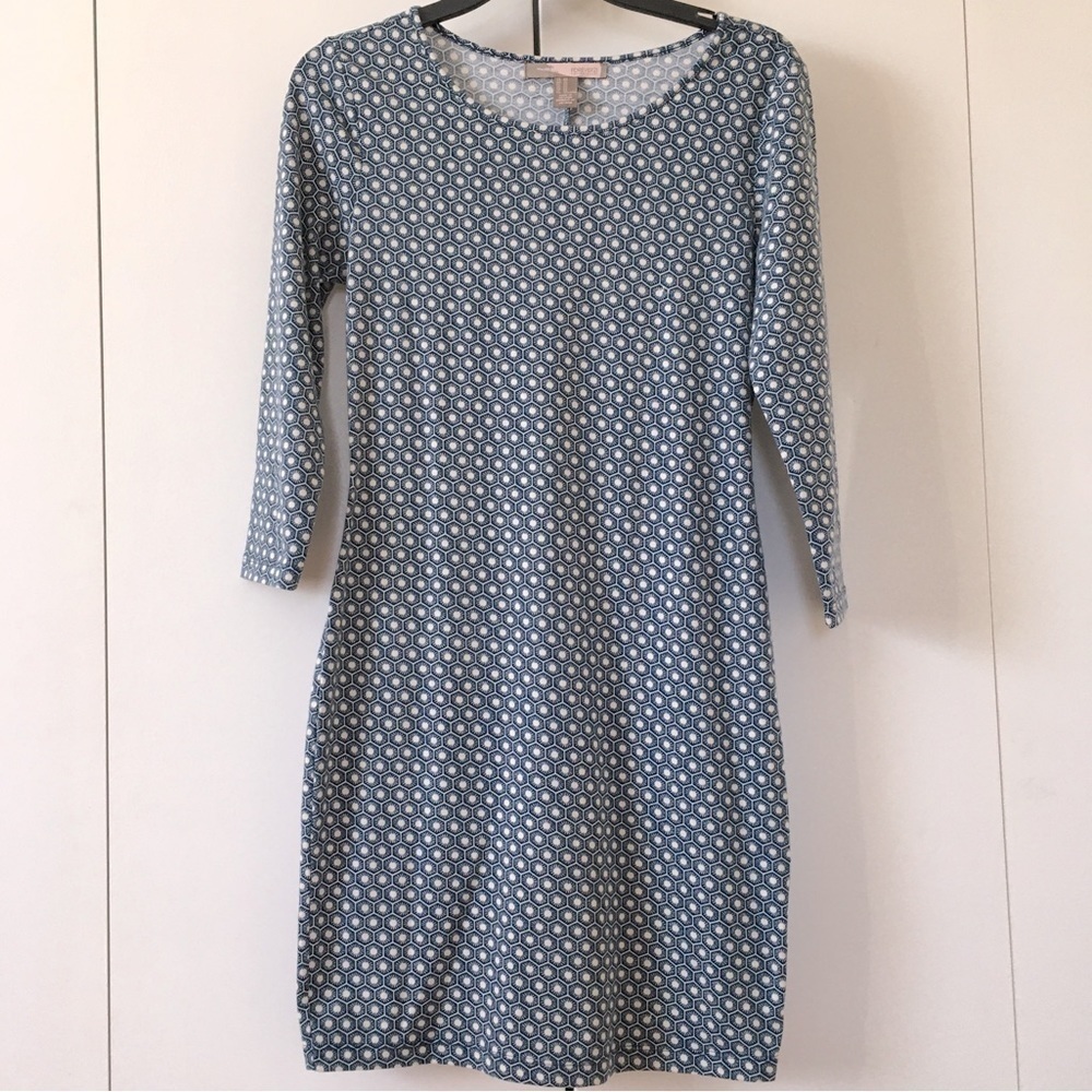 Forever 21 Blue White Crew Neck Long Sleeves Pullover Midi Sheath Dress